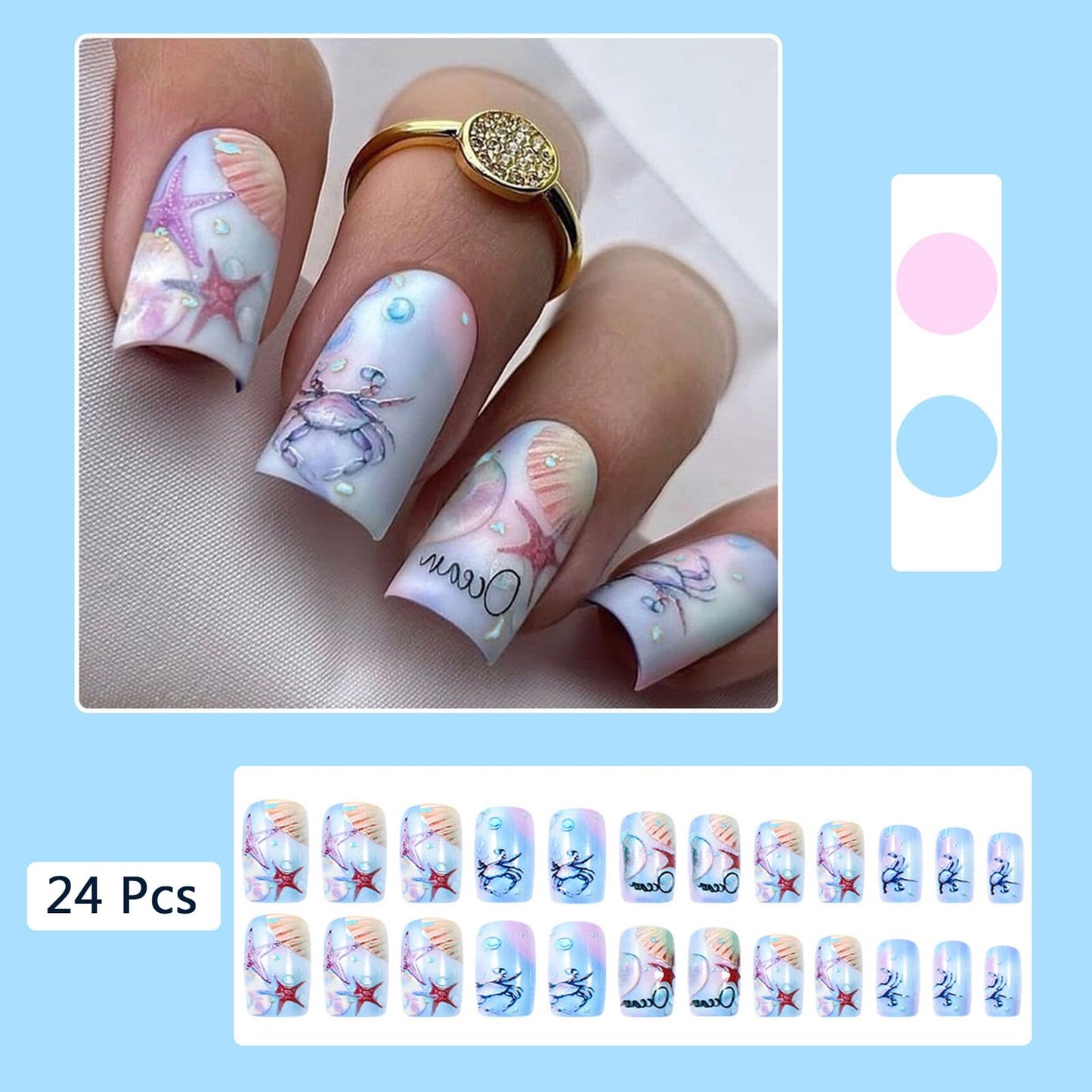 GCSQW Summer Press On Nails Medium Square Acrylic False Nails 24Pcs with Shell Starfish Designs Ocean Style Glossy Full Cover Stick on Nails Kit