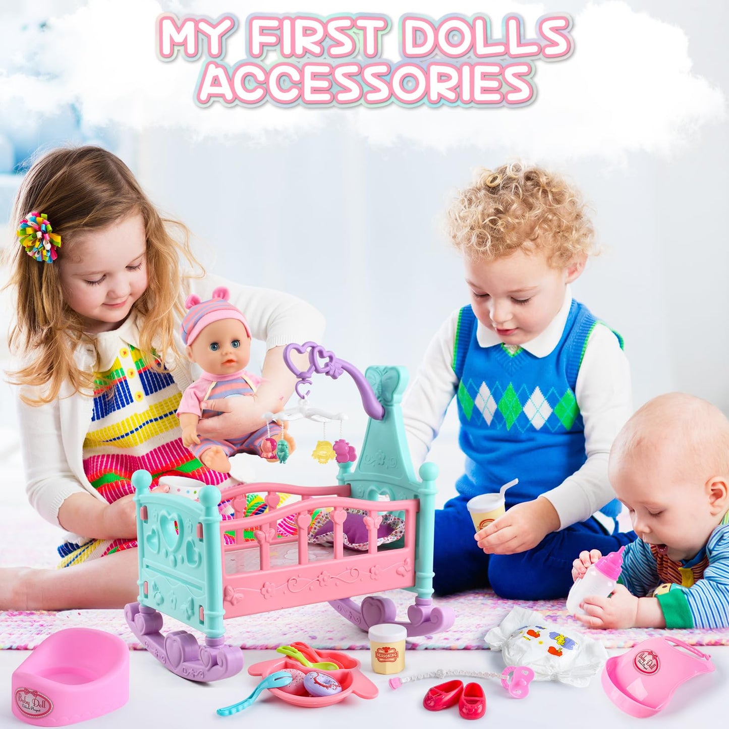 deAO 12” Baby Doll Play Set with Crib, Mobile, High Chair Feeding Accessories, Interactive Dolls for Girls Kids Pretend Play Baby Dolls 21 PCS