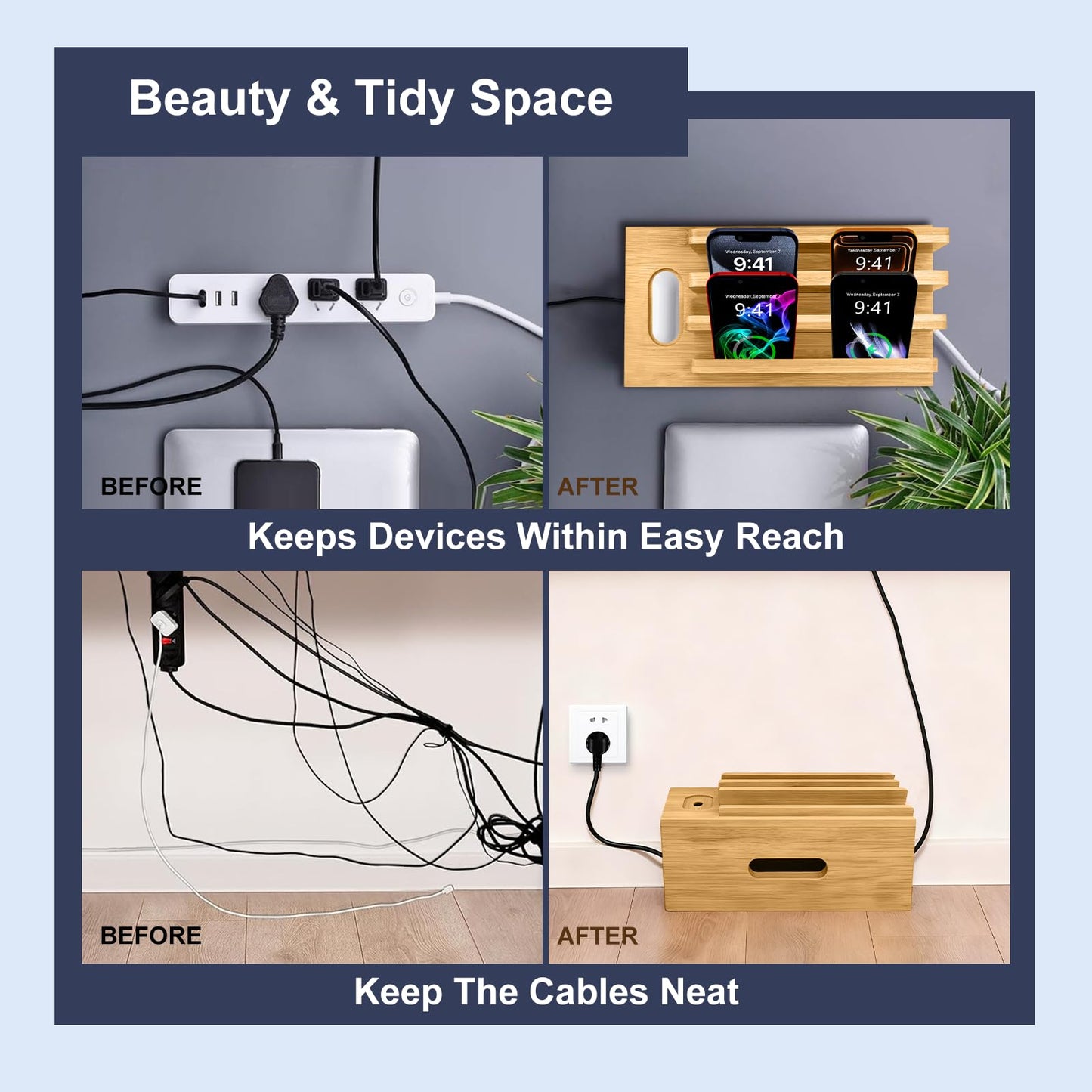 Osmudax Bamboo Charging Station for Multiple Devices, Cable Management Box for Power Strip, USB Charger & USB Charging Hub/Station, Wood Docking Station Desktop Organizer Bedside Table Organizer