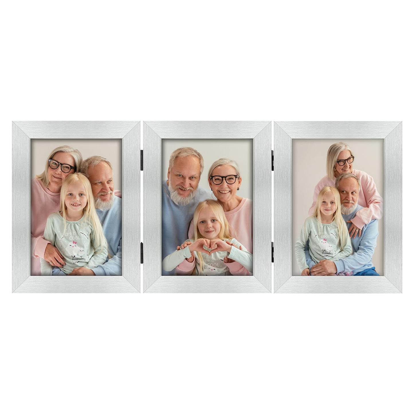 Frametory, 5x7 Triple Picture Frames 3 Photo Frames Collage - Real Glass - Engineered Wood Triple Folding Frame - Tabletop Vertical Display (Silver, 1 Pack)