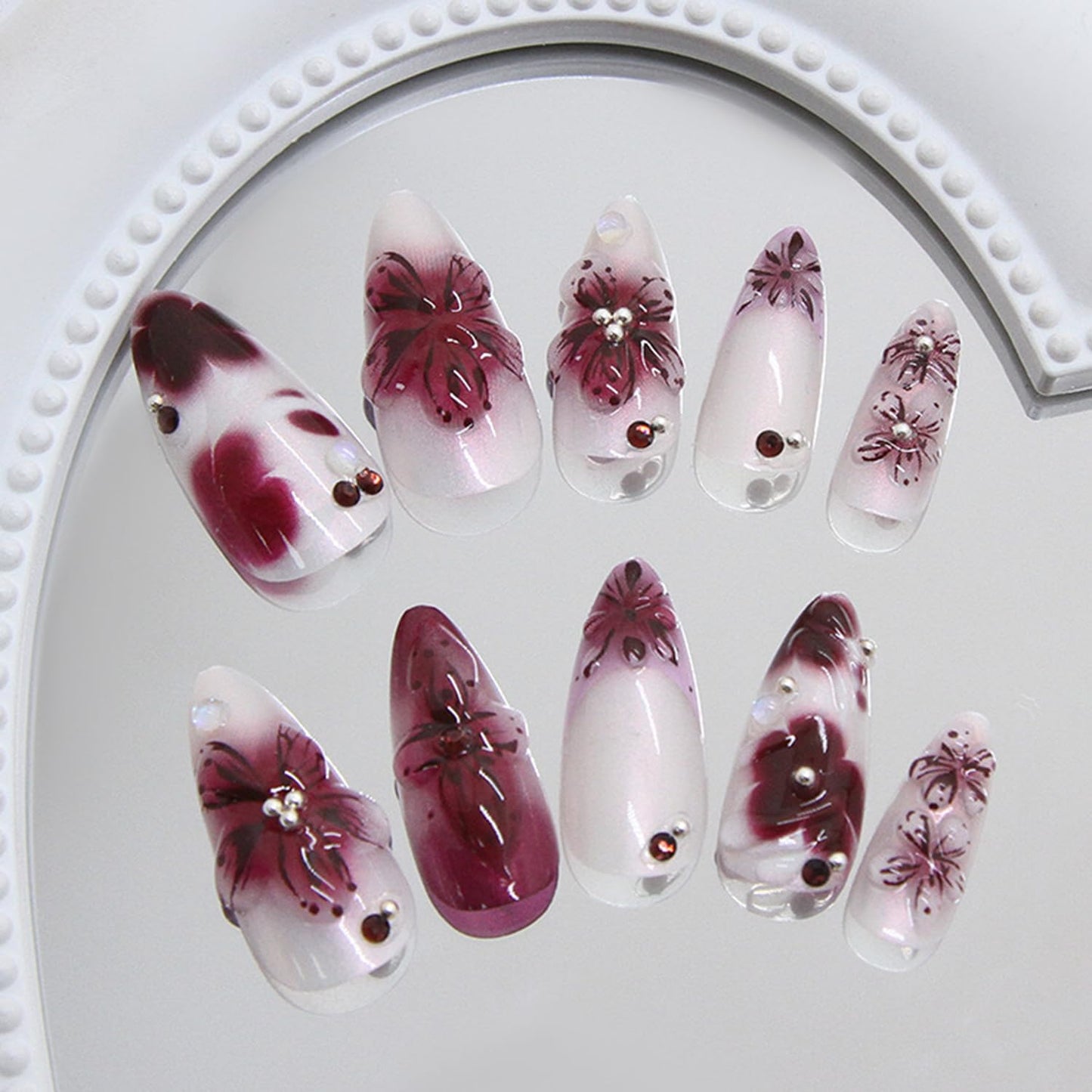 Flower Press on Nails Medium Almond Artificial Acrylic False Nails French Gradient Floral with Rhinestones Design Stick on Nail Full Cover Reusable Coffin Artificial Fingernails for Women Manicure