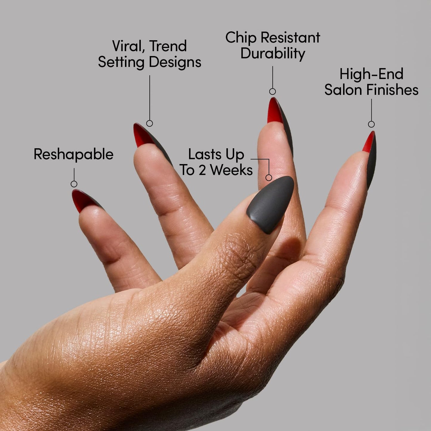 Glamnetic Press On Nails - Red Bottom | Red Accent Dual Side Medium Almond Fake Nails with a Black Matte Finish, Salon Quality Halloween Nails | 15 Sizes - 30 Nail Kit with Glue