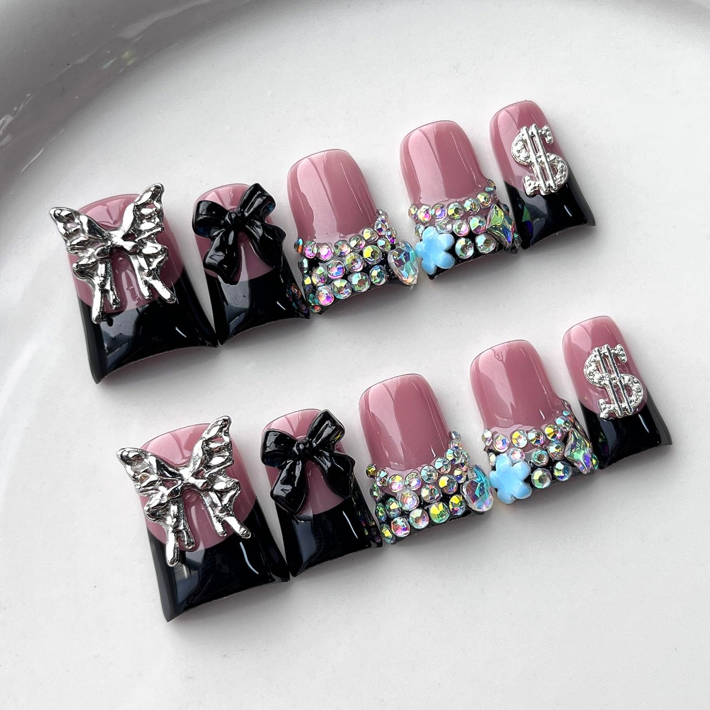 French Tip Press on Nails Handmade Short Duck 3D Flower Thick Acrylic Nails Black False Nails with Bow Rhinestones Butterfly Designs Cool Glossy Fake Nail Sturdy Art Press on Nail 10Pcs(M)