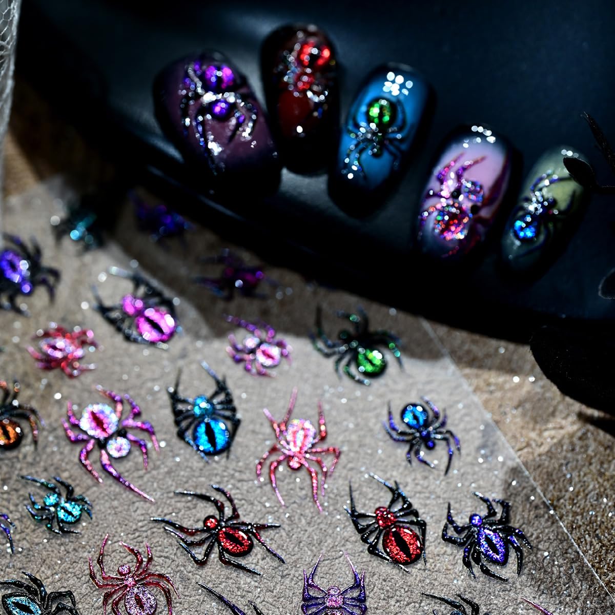 1 Sheets Halloween Nail Stickers for Nail Art 5D Embossed Self-Adhesive Spider Web Nail Art Stickers Laser Spider Web with Glitter Nail Supplies Halloween Nail Decals for Women Acrylic Manicure