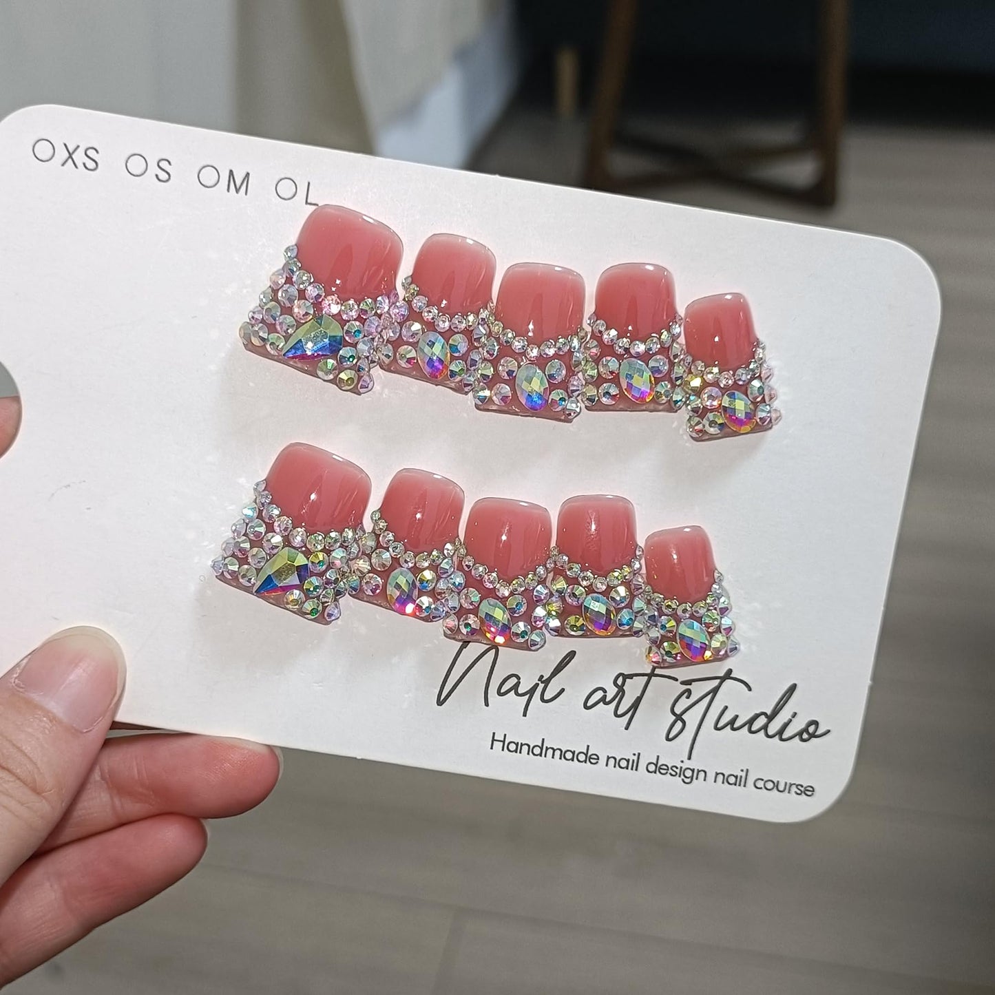 TENPAL 10Pcs Handmade Coffin Nails Kits,DuckBill Press On Nails With Tools,Icy Pink French Tip Fake Nails with Full Crystals Designs,Glitter Edgy Sweet Cool Acrylic Glue on Nails Short for Party(M)
