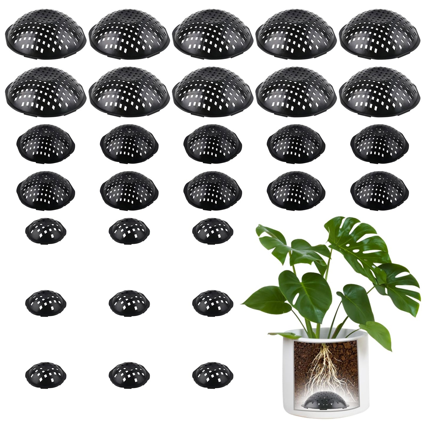 30 PCS Flower Pot Hole Mesh Pad, 3 Assorted Sizes Semi-Arc Plastic Planter Bottom Drainage Mats for Bonsai Plant, Succulents, Potting, Breathable Gasket Prevent Clogging and Soil Loss, Black