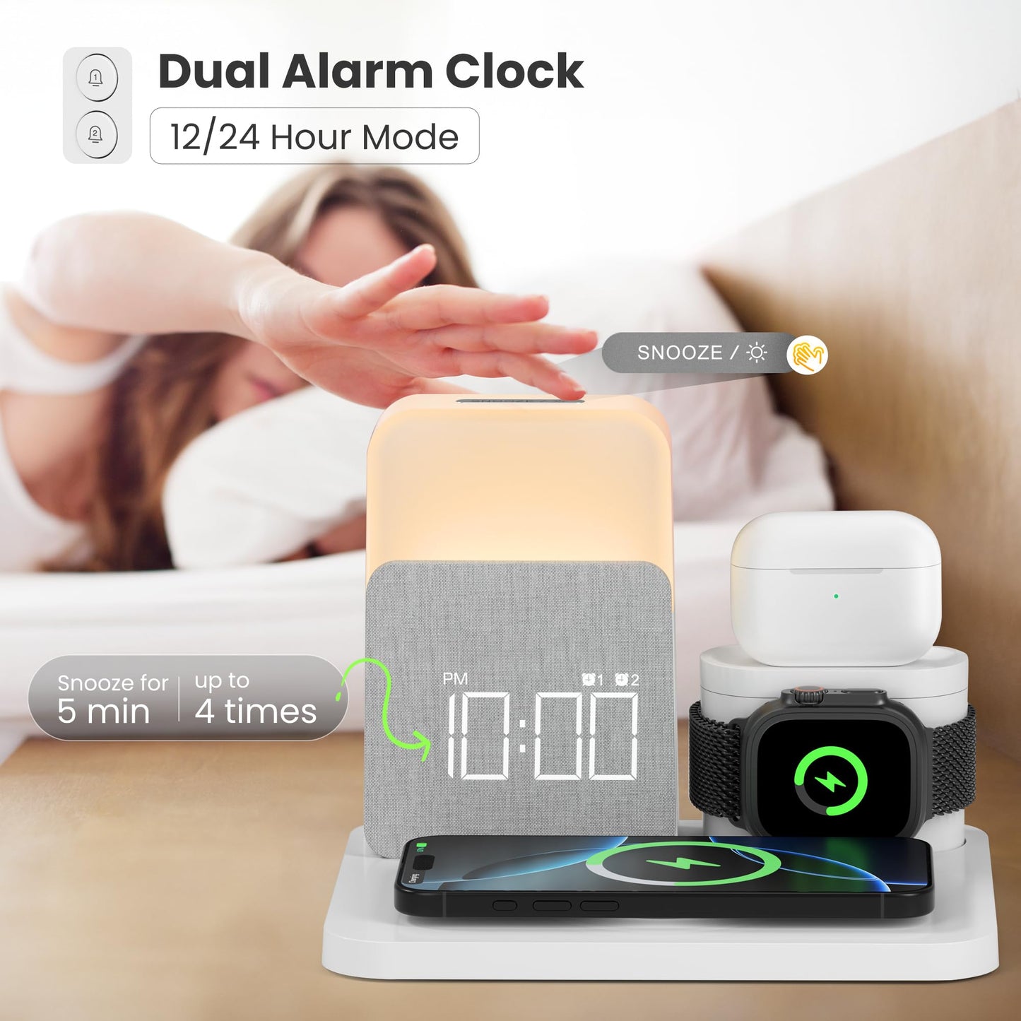 Alarm Clock with Wireless Charger for Bedrooms, 6 in 1 Wireless Charging Station, Magnetic Charger with Night Light Bedside Clock for iPhone 16 15 14 13 12 Pro Max, Apple Watch, AirPods