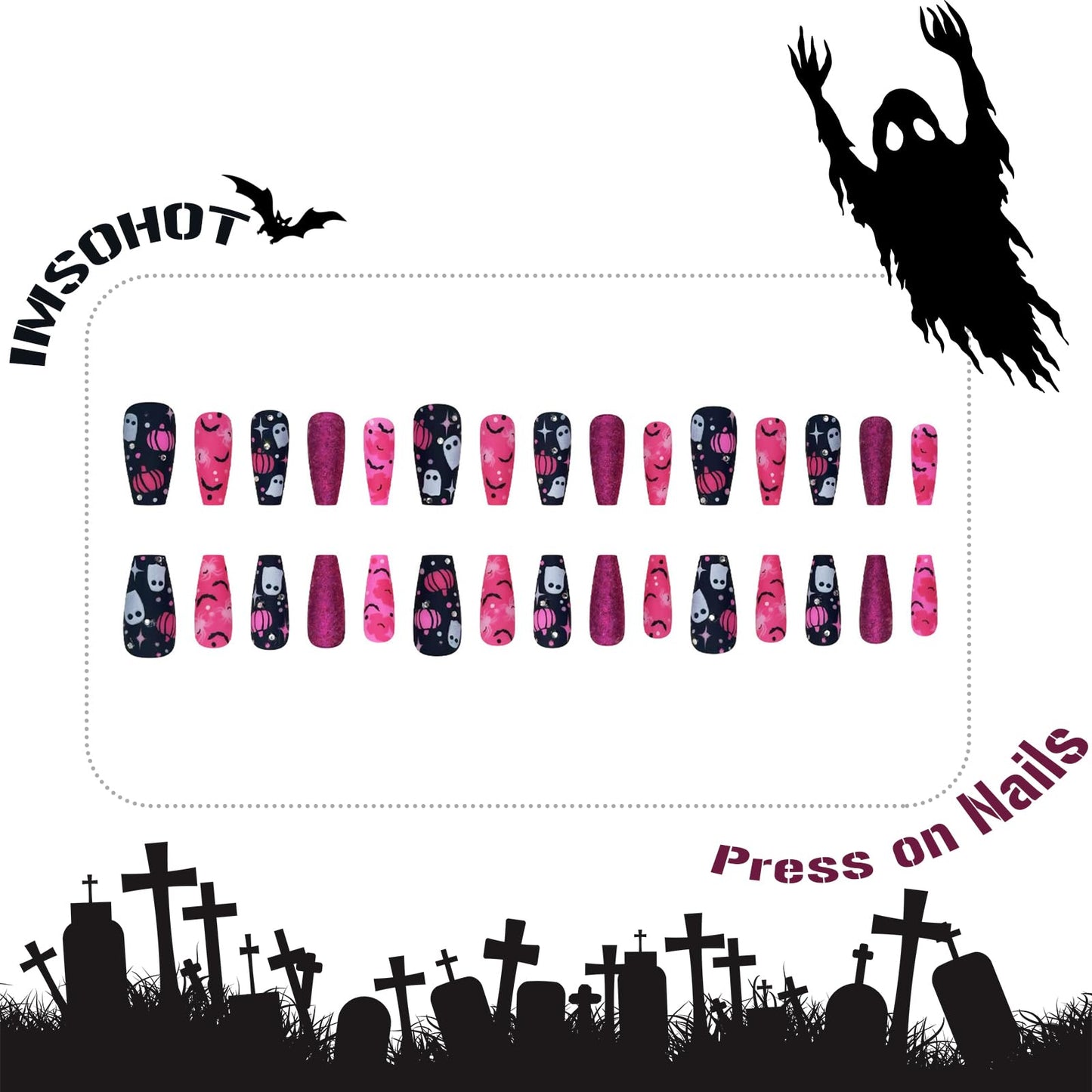 IMSOHOT Press on Nails - Pink Black, Long Coffin Fake Nails with Ghost, Bat, Spider Designs Full Cover Glue on Nails Cute Glitter Ballerina False Nails for Women Nail Decoration