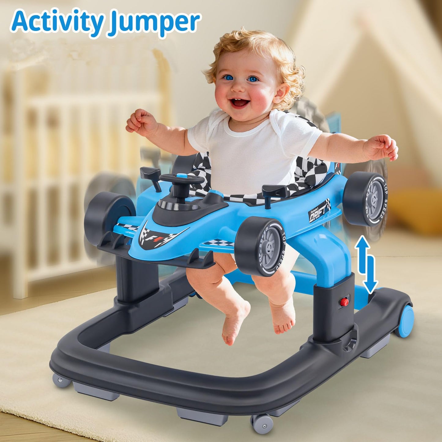 Baby Walker with Wheels | 3 Adjustable Heights, Reinforced Frame, 4 Modes (Push Walker & Jumper), Speed & Height Adjustments, Music, Lights, Anti-Rollover Design, for 6-18 Month Olds