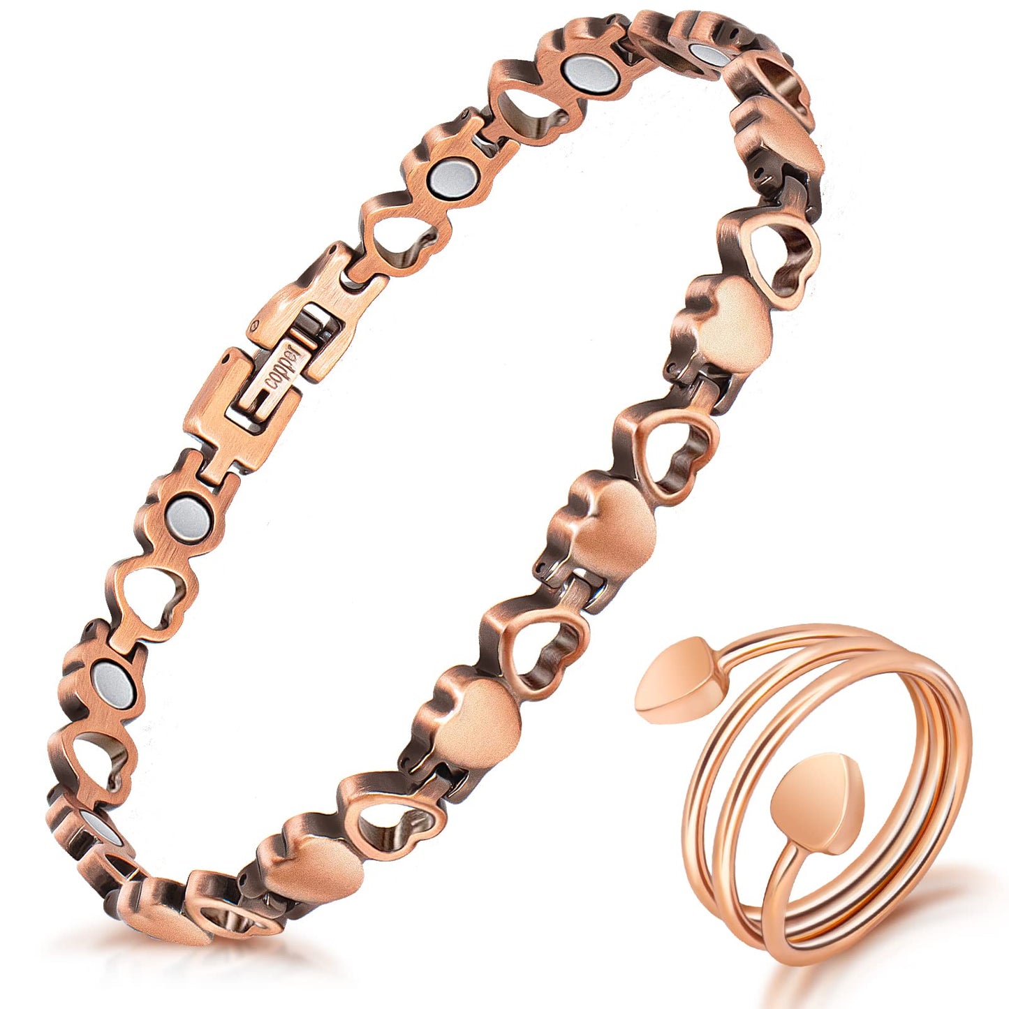 Magnetic Copper Bracelets for Women Lymph Detox Magnetic Bracelets, 100% Solid Pure Copper Bracelet with 3500 Gauss Magnets & Lymphatic Drainage Ring with Adjustment Tool