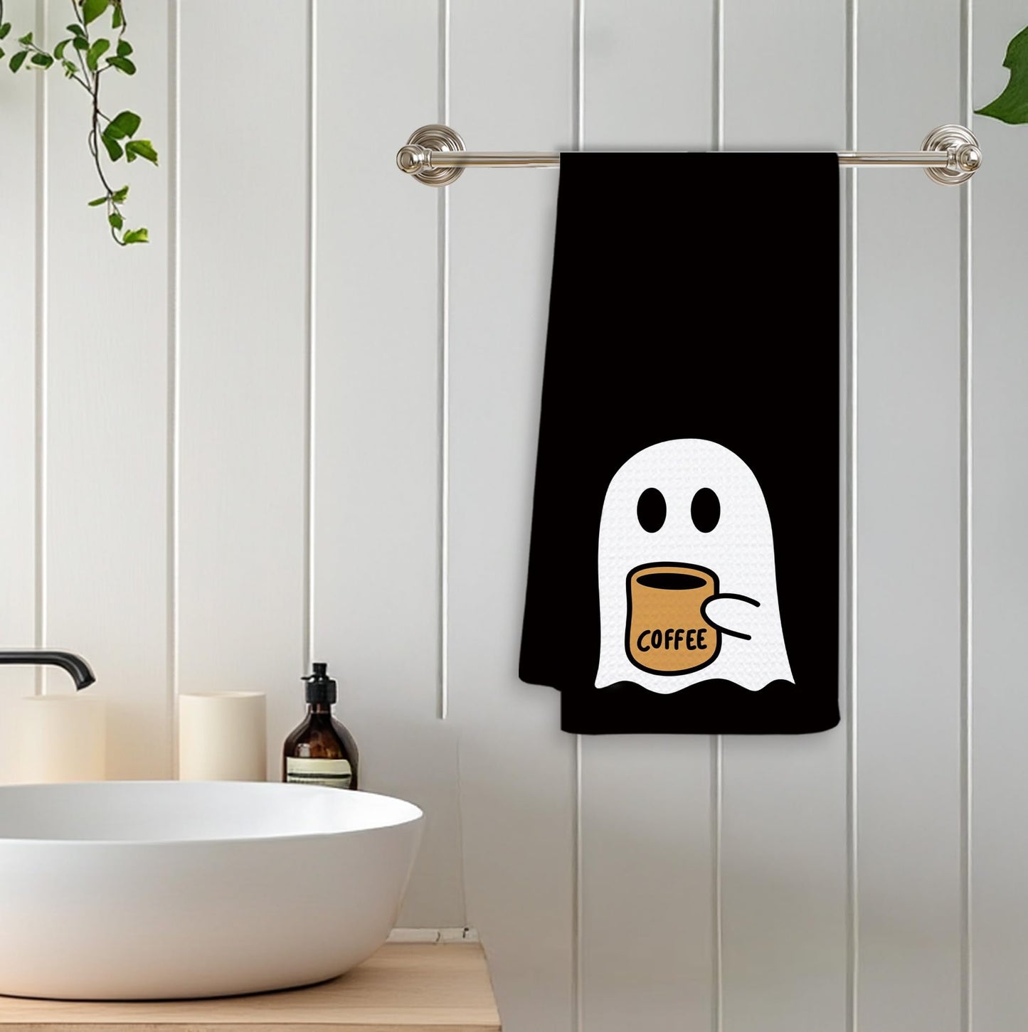 OSLYSOF Halloween Coffee Ghost Kitchen Towels, Ghost Gifts for Lovers Women Dish Tea Towels, Dark Academia Gothic Halloween Hand Towel for Coffee Bar Station Decor, 16x24 Inch