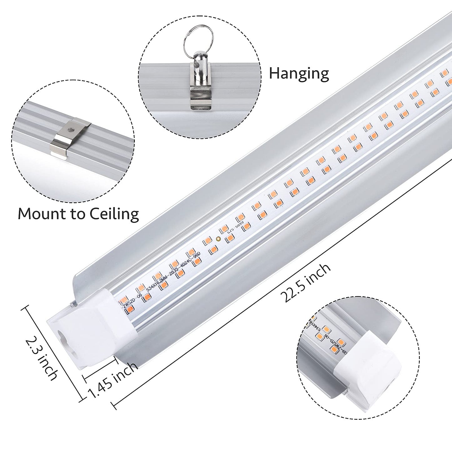 Grow Light, 2ft T8,100W(4 x 25W, 600W Equivalent), Super Bright, Full Spectrum Sunlight Plant Light, LED Grow Light Strips, Grow Lights for Indoor Plants,Greenhouse,4-Pack