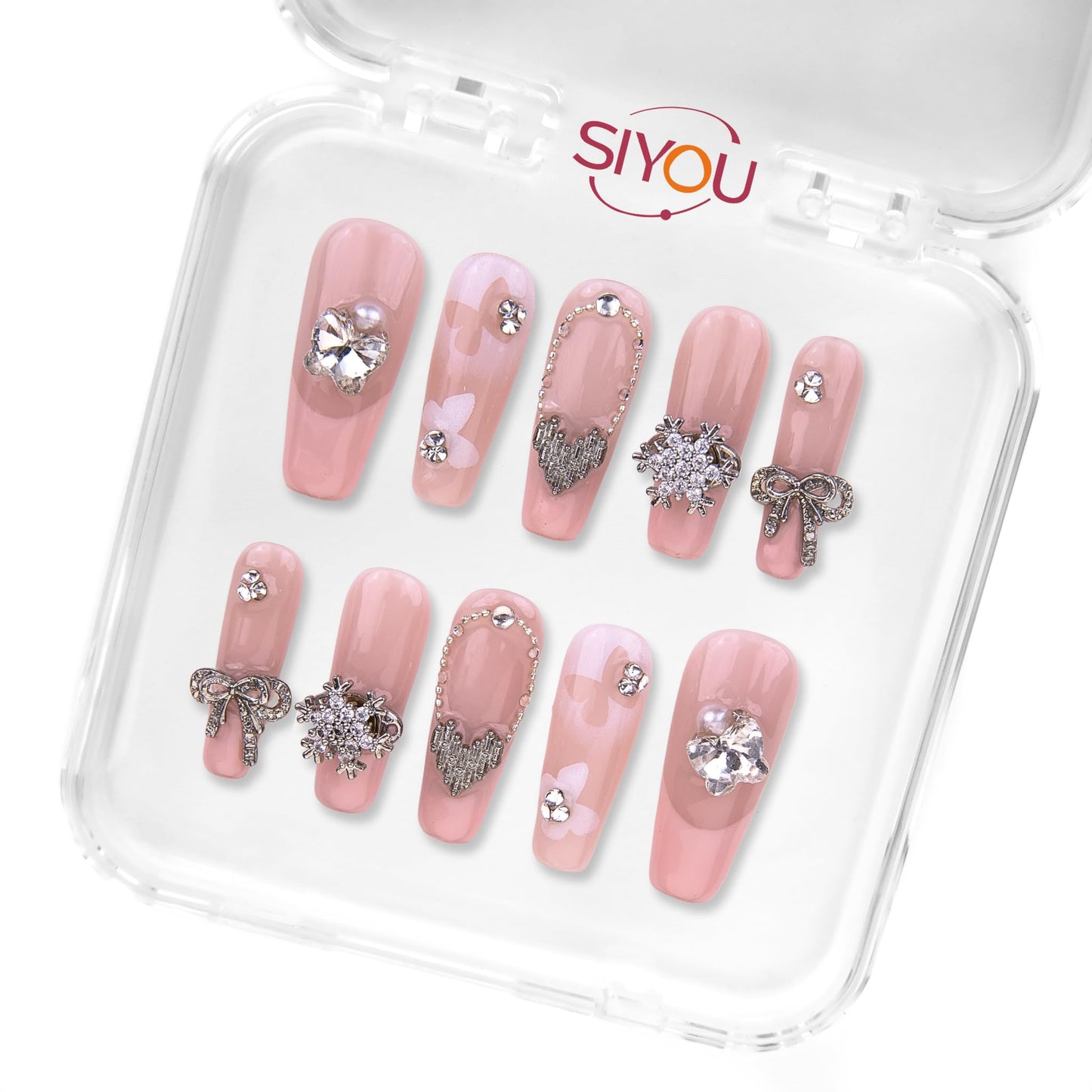 SIYOU Beauty | Fairy Space | Pink Fairy Long Coffin Press On Nails for Women (Medium) - Reusable, Salon-Quality Fake Nails (10pc)
