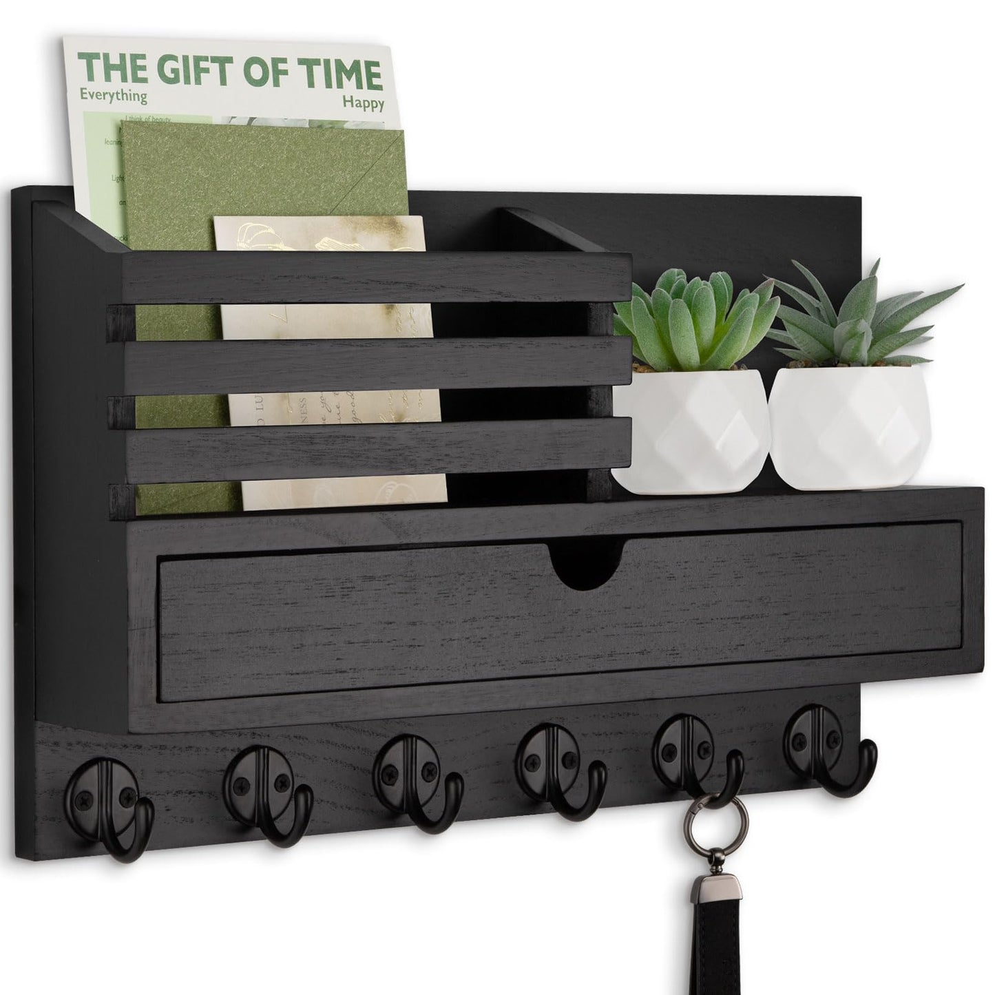 Lucundm Key Holder Wall Mount, Mail Holder with Storage Drawer and 6 Key Hooks for Coat, Dog Leash, Home Decor Rack, House Accessories, Entry Way Organizer