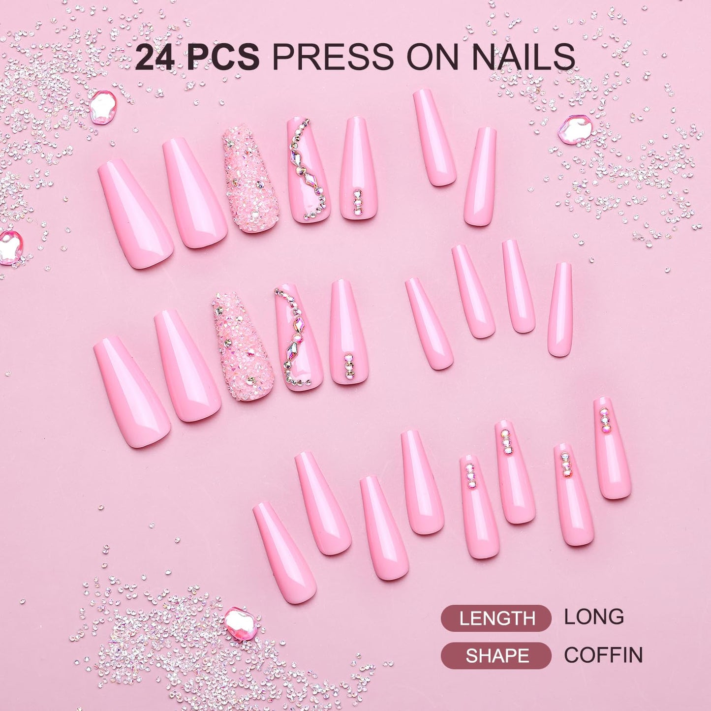 Artquee 24Pcs Pink Coffin Press on Nails Long Fake Nails with Rhinestones Design Reusable False Nail Art Manicure Stick on Nails Kit for Women