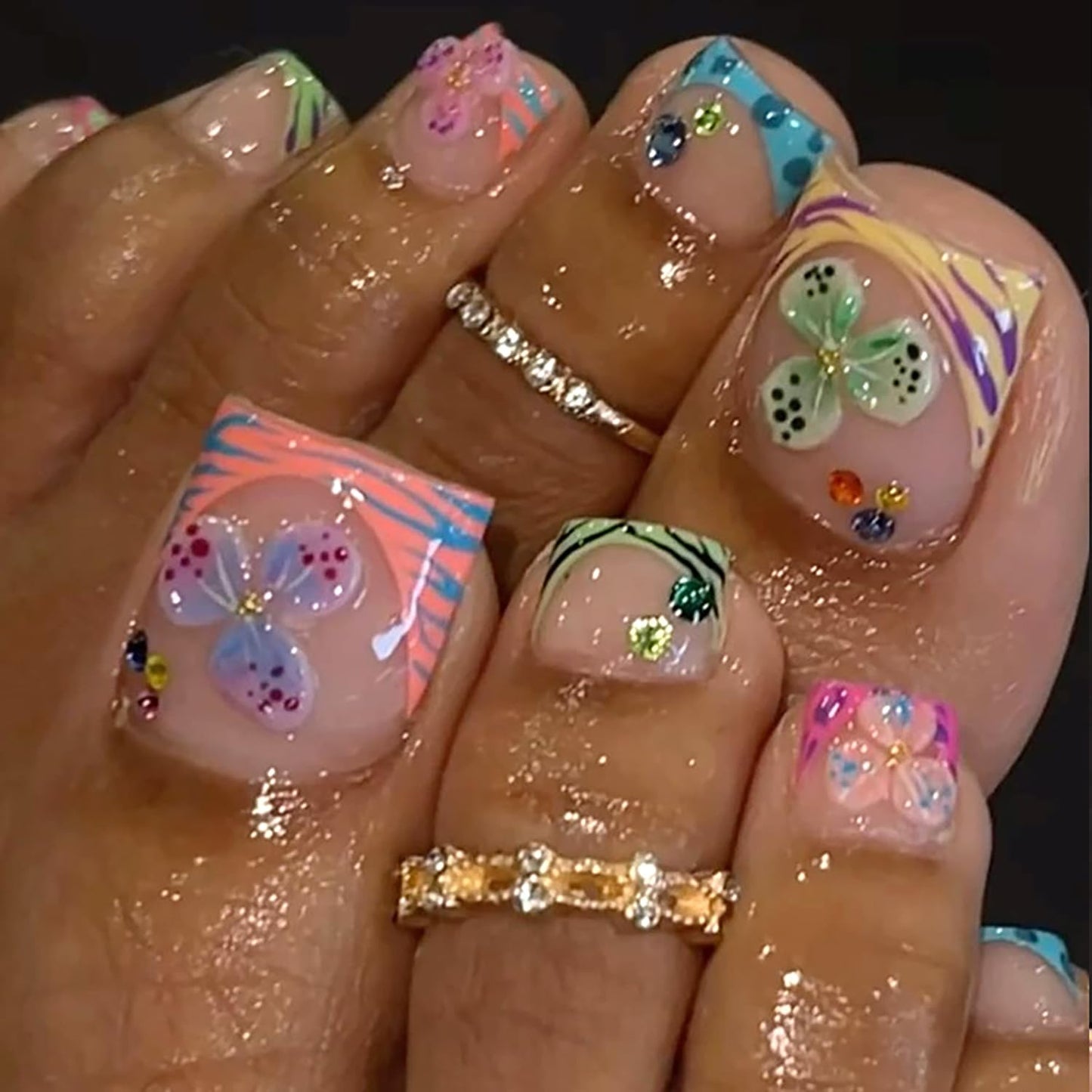 Summer Flower Press on Toenails Colorful French Tip False Toenails Rhinestones Toe Nails Reusable Full Cover Toe Nails for Women