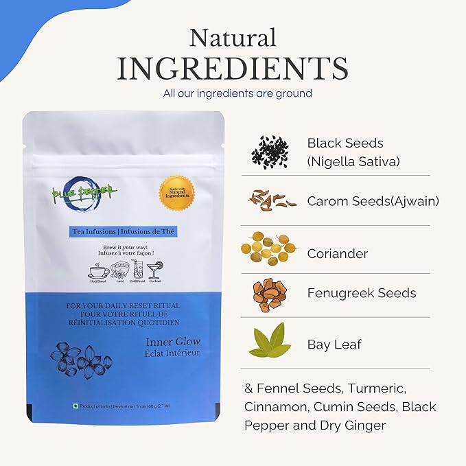 Blue Pepper Inner Glow Tea Blend Infusion | Coriander & Black Seeds (Nigella Seeds) Tea | Natural Caffeine-Free Wellness Blend | All-Natiral No Preservatives | Small Batch | 60-g