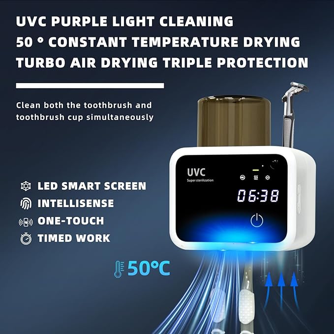 Toothbrush Cleaner and Toothbrush Holder, Cleaning Light, Fan Dry and Thermostatic Dry 3-Step Cleaning, LED Smart Screen, Rechargeable Wall Mount Bathroom Toothbrush Holder (White)