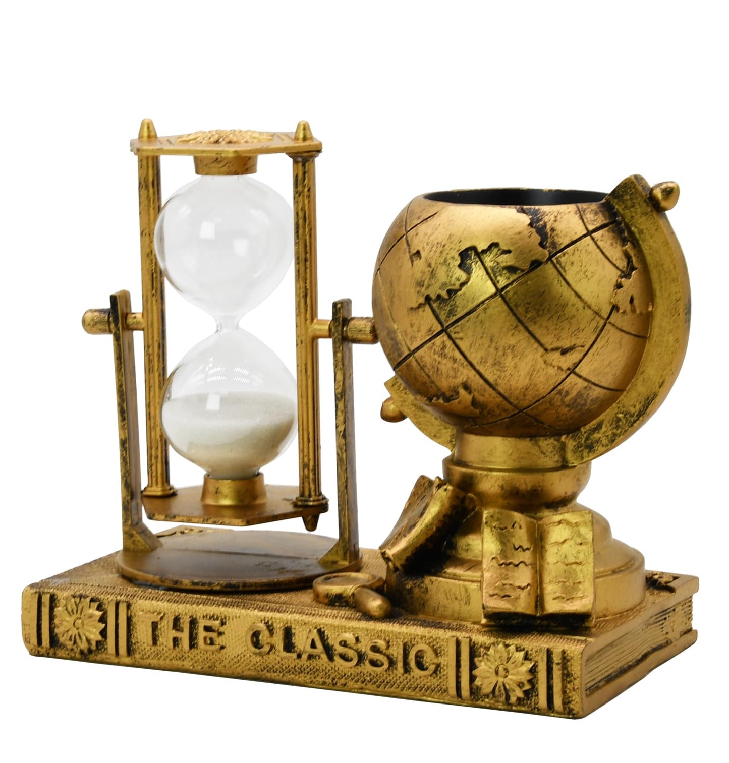 Globe-Themed Pencil Holder with Hourglass, Resin Desktop Organizer for Office & Study, Pen Holder with Sand Timer, Classic Globe Addition Scissors Storage, Artistic Gift for Travel Lovers