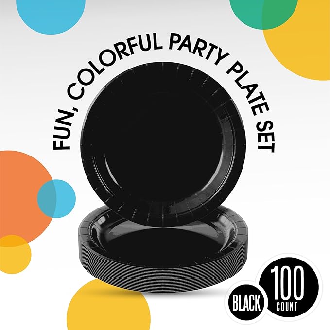 Exquisite Party Solids Black Paper Plates Disposable Heavy Duty 9 Inch Black Disposable Plates For Party 100 Pcs Heavy Duty 350 GSM, Birthday Supplies