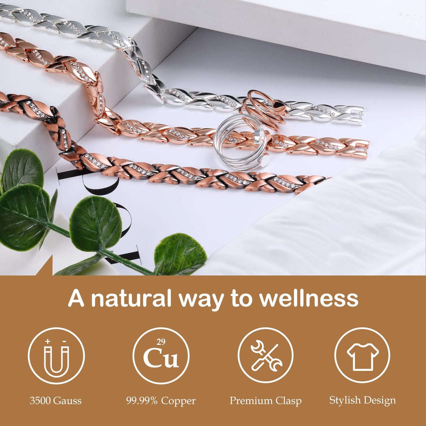 Feraco Copper Bracelet for Women 99.99% Solid Copper Magnetic Bracelets, Unique X Shape Links, Magnetic Field Therapy Jewelry Gifts (Silver X with Ring)