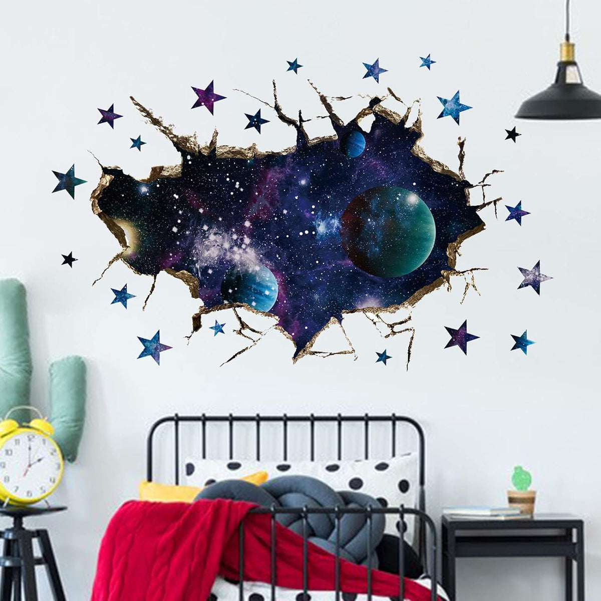 3D Space Galaxy Wall Decor Stickers, Removable Broken Outer Space Planet Waterproof Vinyl Floor Decals, 3D Art Magic Wall Mural Decals for Bedroom Living Room Home Wall Decor