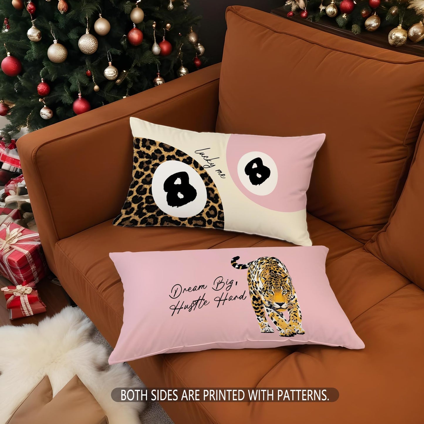 Foritho Trendy Leopard Lucky 8 Ball Pillow Covers 20x12, Cheetah Leopard Print Room Decor, Funky Preppy Leopard and Black Billiards Decorative Throw Pillow Covers for Girls Dorm Apartment，Set of 2