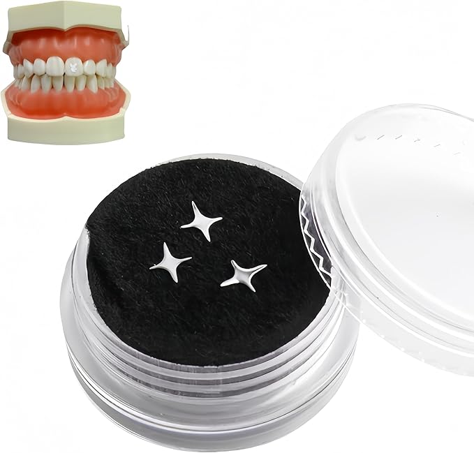 Tooth Gems Silver Alloy Ultra-Thin 3-Pack Reusable Trendy Spider Butterfly Rabbit Multi-Use Women Party Nail Art (Silver,Four Pointed Star)