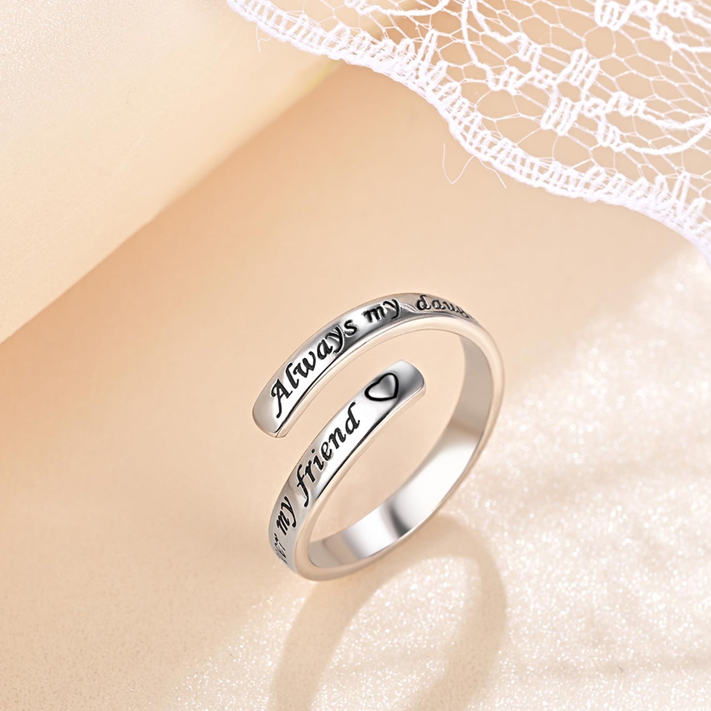925 Sterling Silver Inspirational Jewelry Adjustable Wrap Open Ring Encouragement Gift for Women(Always my daughter Forever my friend)