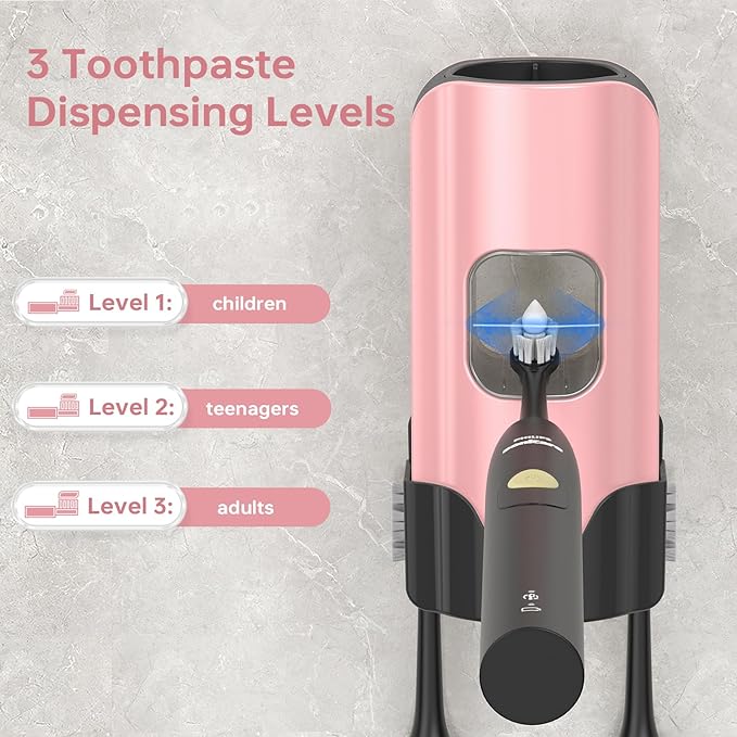 Automatic Toothpaste Dispenser Wall Mounted - Hands-Free Toothpaste Squeezer with 3 Speed Settings, 2 Toothbrush Holders & Strong Adhesive - Smart Bathroom Organizer for Kids and Adults