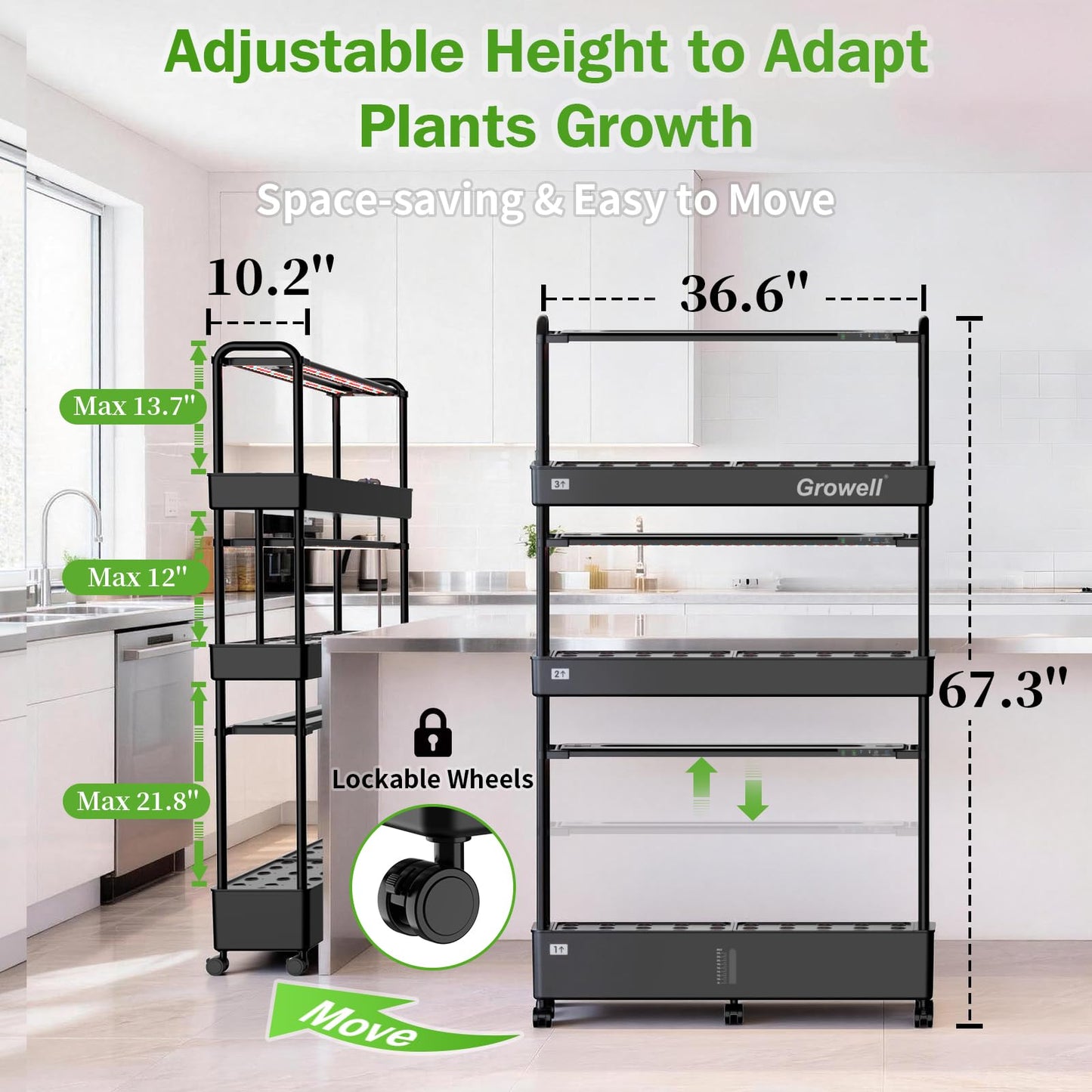 Growell Large Hydroponics Growing System Kit, 90 Pods Vertical Indoor Herb Garden Kit with 2 Light Modes & Auto Circulating Water System, 40L Movable Indoor Gardening System for Herb Vegetable Fruit