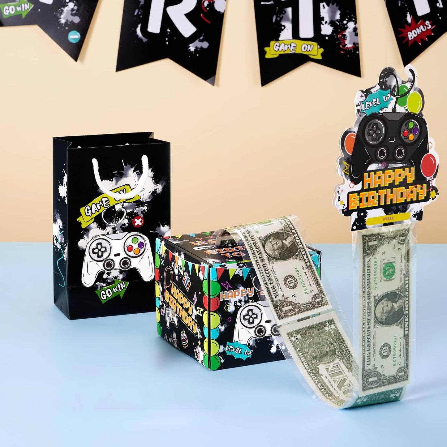 WERNNSAI Birthday Money Box - Video Game Party Decorations Money Gift Boxes for Cash Birthday Pull Box Gaming Theme Surprise Gift with 50 PCS Transparent Bags