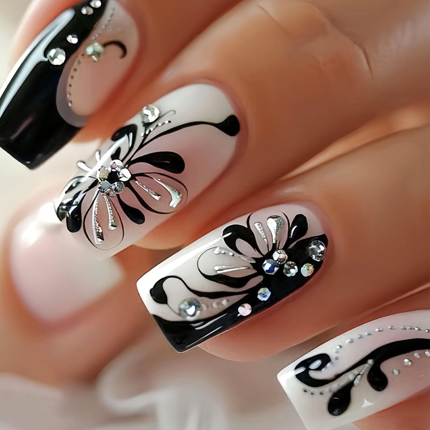 24Pcs Press on Nails Medium Square Fake Nails with Black Flower Lines Rhinestones Designs Glossy Nails Press ons Nude Gradient Glue on Nails Acrylic Nails Artificial Stick on Nails for Women