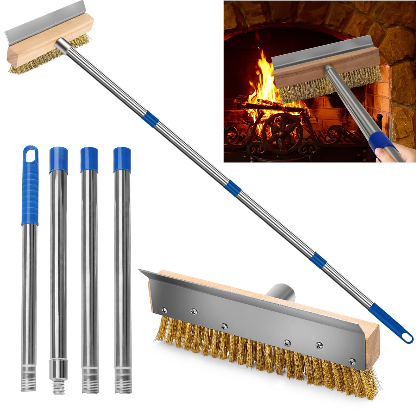 Pizza Oven Brush with Scraper and 4 Sections Detachable Long Rod and Scraper-Oven Brush for Removing Deep Burned-On Residue | Ideal for Pizza Shelf & Large Grills and Pizza Oven Accessories