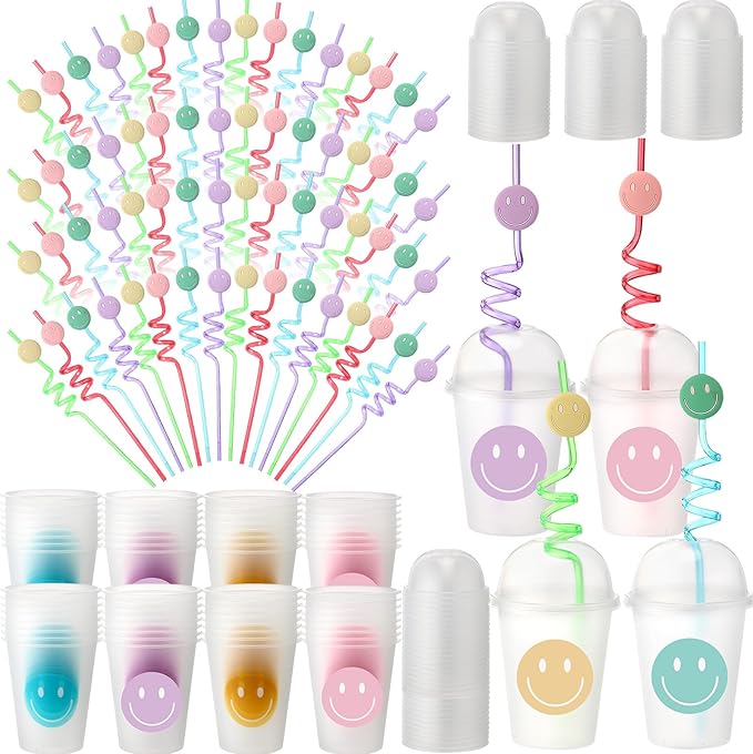 Yaomiao Smile Face Sipper Cups with Straws and Lids, 12 oz Clear Plastic Cups Happy Face Party Cups with Dome Lids Happy Party Favors for Kids, Tea, Coffee, Smoothie, Cold Drinks(64 Pack)