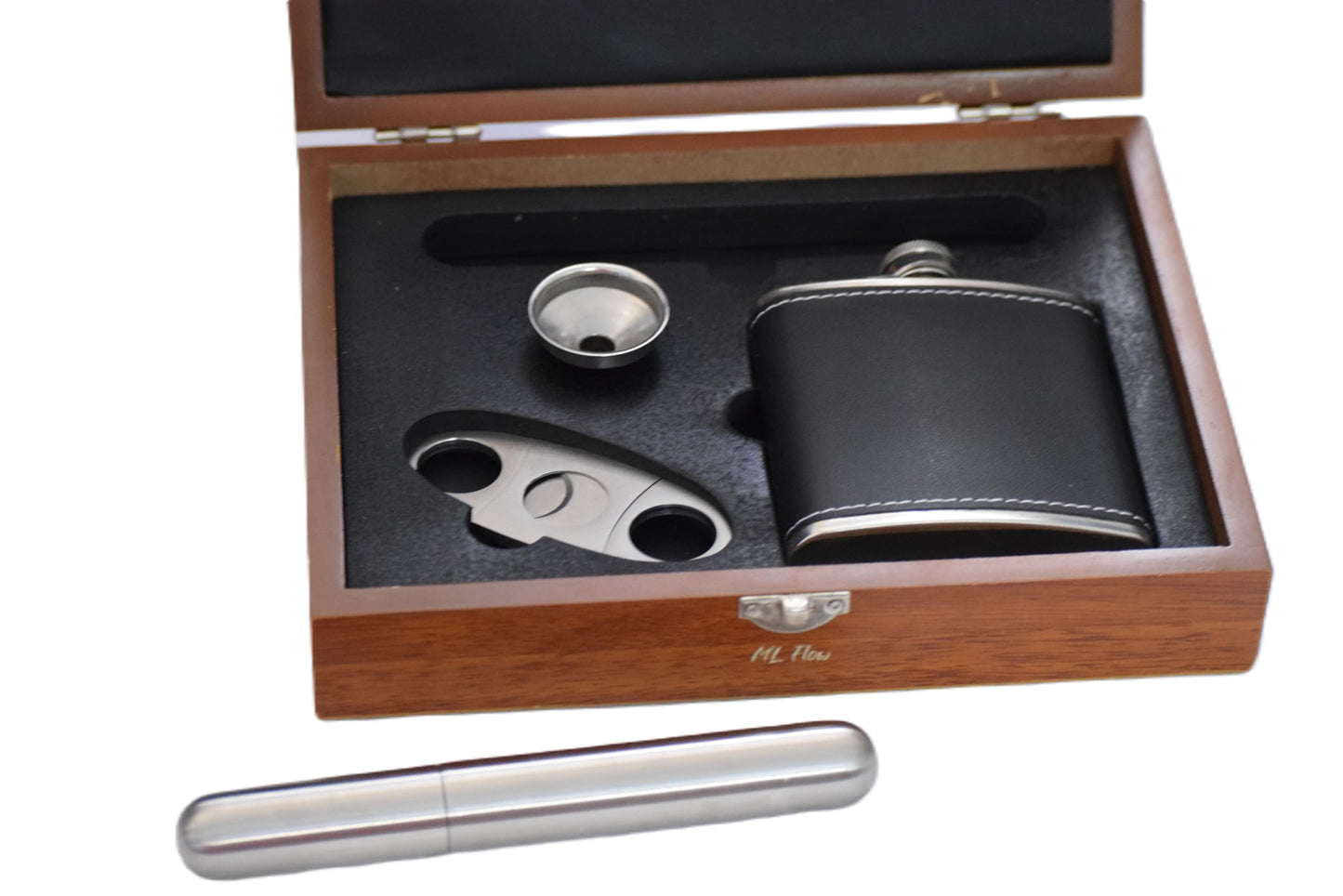Flask Gift Set for Men – Stainless Steel Hip Flask with Funnel, Cutter & Case in Elegant Wooden Box – Perfect for Whiskey Lovers, Groomsmen, Gifts & Special Occasions