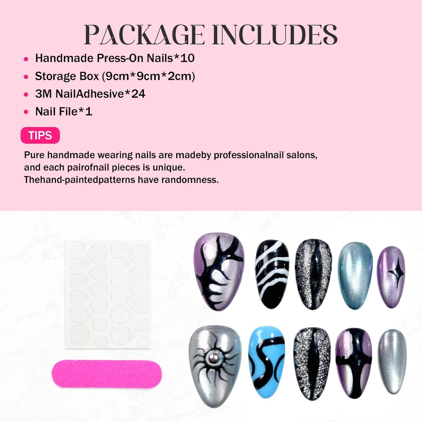 Handmade 3D Dark Mystic Oval Press On Nails, Multi-Color Stream Star Artisan Nails Set, Reusable Glossy Press-ons with Tool Kit(M)