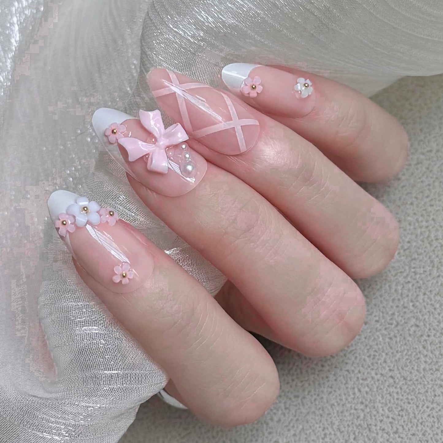 24 Pcs 3D Pink Press on Nails Y2K with Glue Butterfly and Flower Designs Bow Nails Pink Acrylic Nails Cute Press on Nails