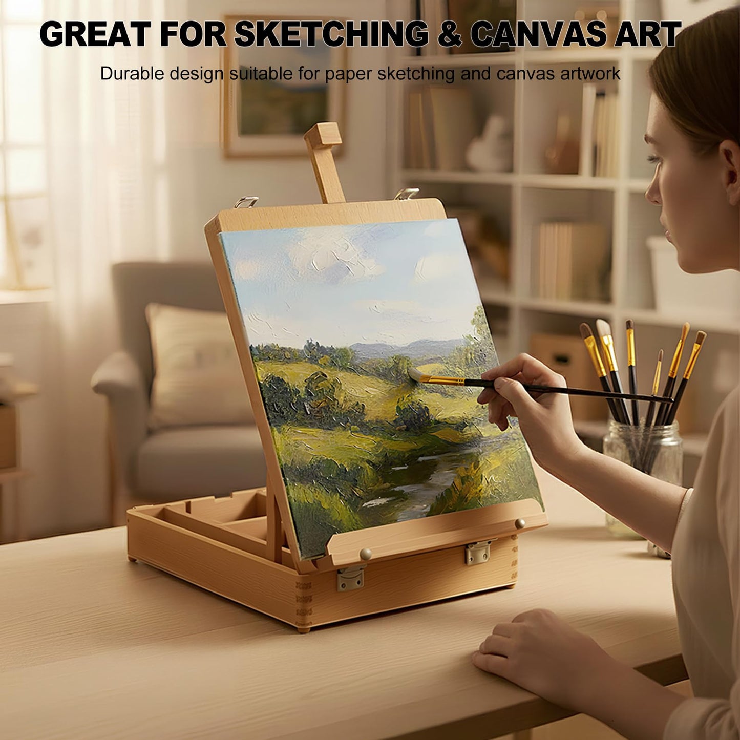 Beechwood Tabletop Easel Set for Painting, 60 Pieces 2-in-1 Art Supplies Specially Tailored for Painting & Sketching, Portable Adjustable Sketchbox Art Easel for Beginners and Art Lovers