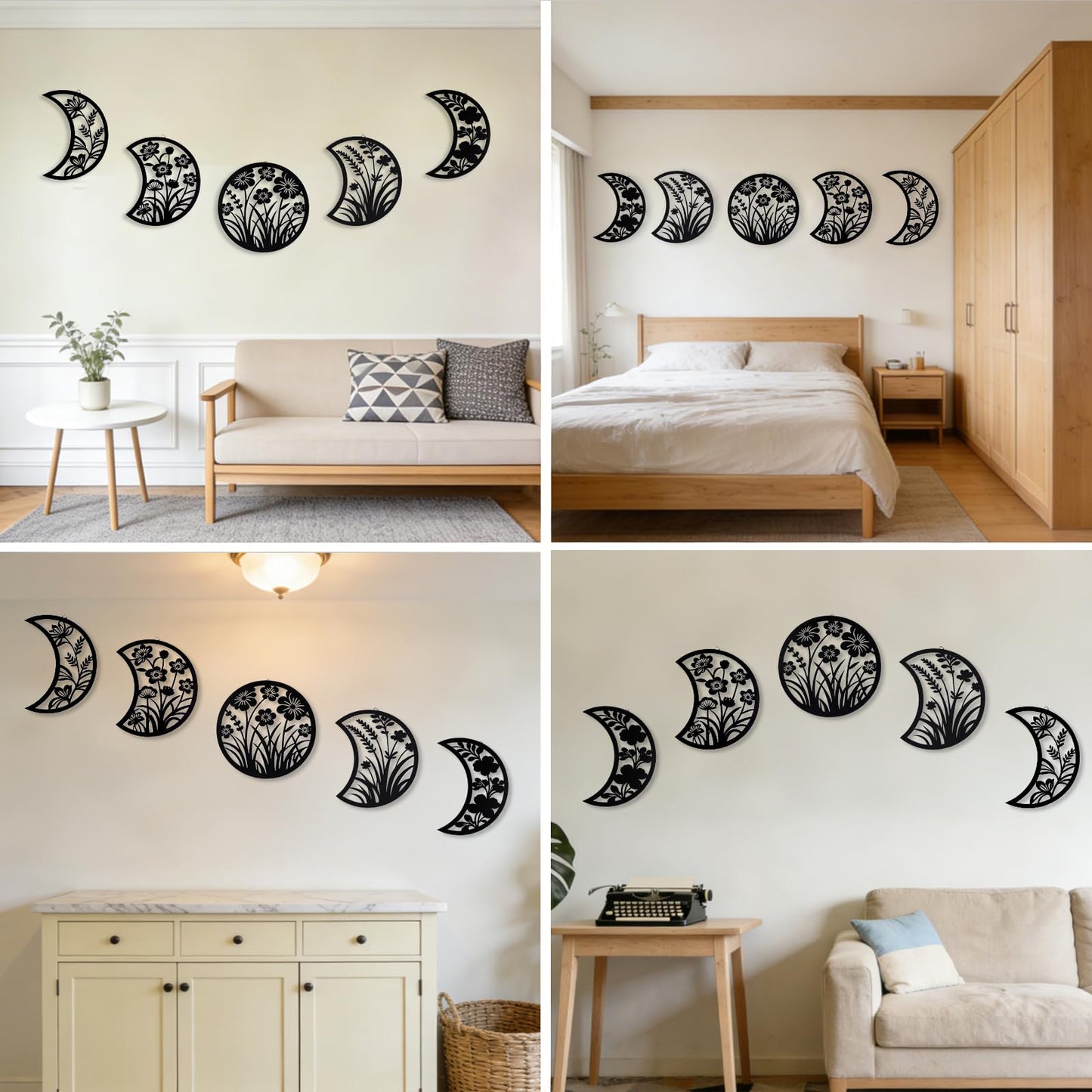 Larber 5PCS Black Metal Moon Phase Wall Hanging Decor 7.5–10 inch Moon Phase Wall Art with Floral & Herb Silhouettes Boho Lunar Aesthetic Art for Bedroom Gift Bathroom Restaurant Wall