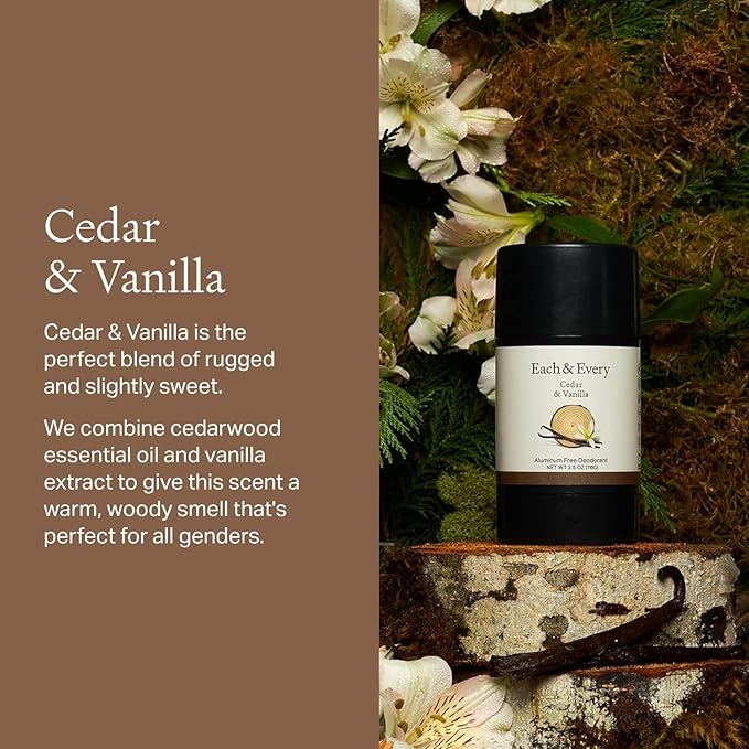 Each & Every All Natural Deodorant for Women & Men - Sensitive Skin, Plant-Based, Baking Soda & Aluminum-Free Deodorant - Long Lasting 24 Hr Odor Control - Cedar & Vanilla Travel Size (3 Pack, 2.5oz)