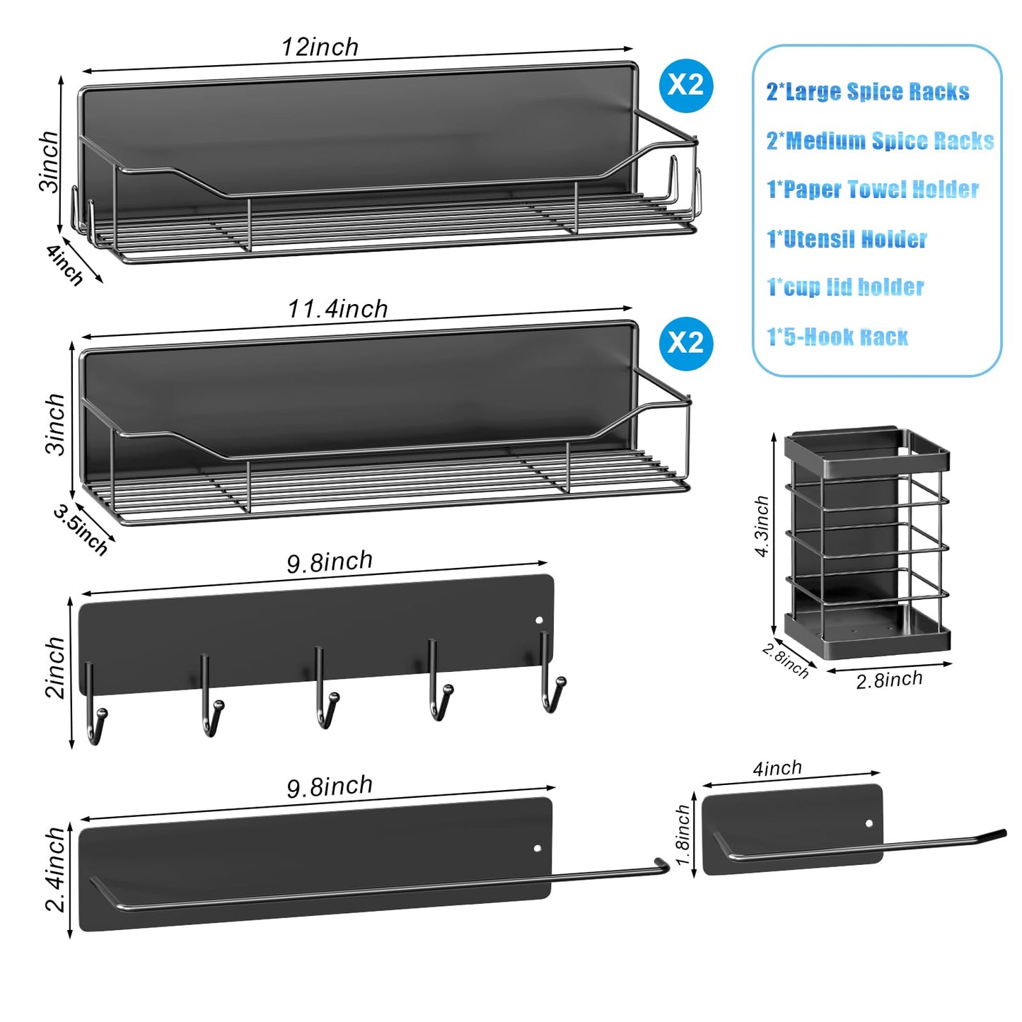 IYEBAU Magnetic Spice Rack for Refrigerator,8 Pack Magnetic Fridge Shelf, Moveable Spice Organizer with Hook Rack, Paper Towel Holder, Utensil Holder,cup lid holder, Super Magnetic Rack Set (Black)
