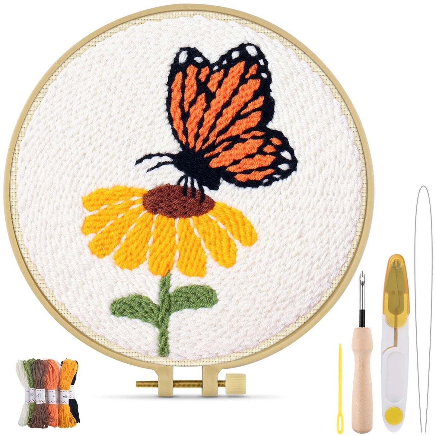 TINDTOP Punch Needle Kits, DIY Punch Embroidery Kits for Adults Beginner, Tool with Punch Needle Fabric, Hoops, Yarns and Sewing Needles (Set A)