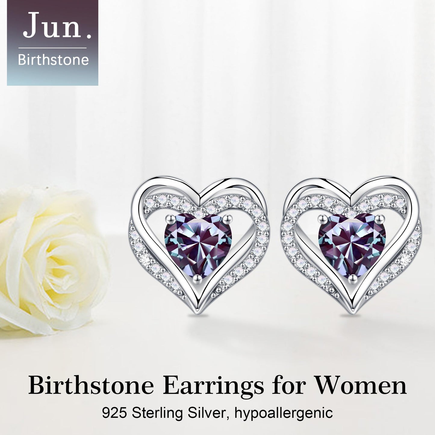 Iefil Heart Earrings for Women, 925 Sterling Silver June Birthstone Alexandrite Heart Stud Earrings for Women