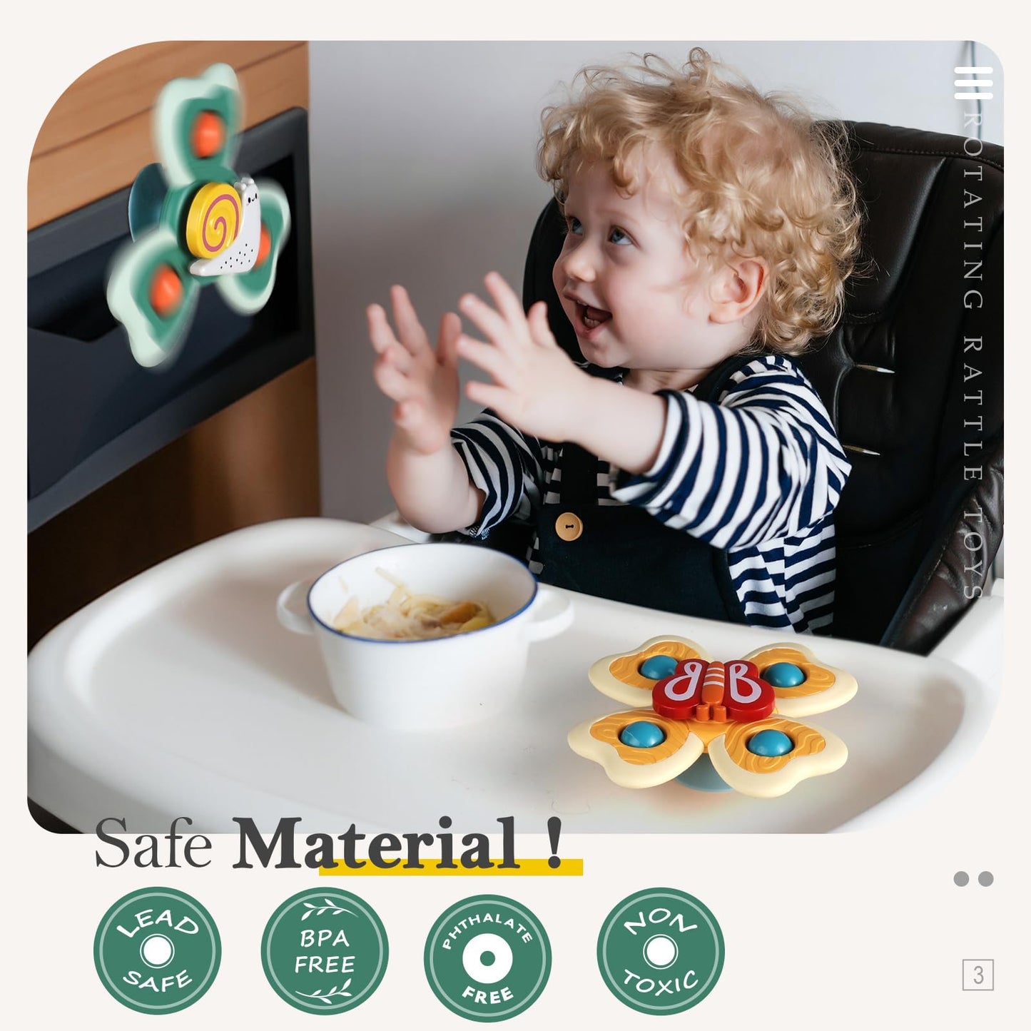 ALASOU 6 PCS Suction Cup Rotating Toys(3 Bee+3 Panda) for Infant and Toddlers