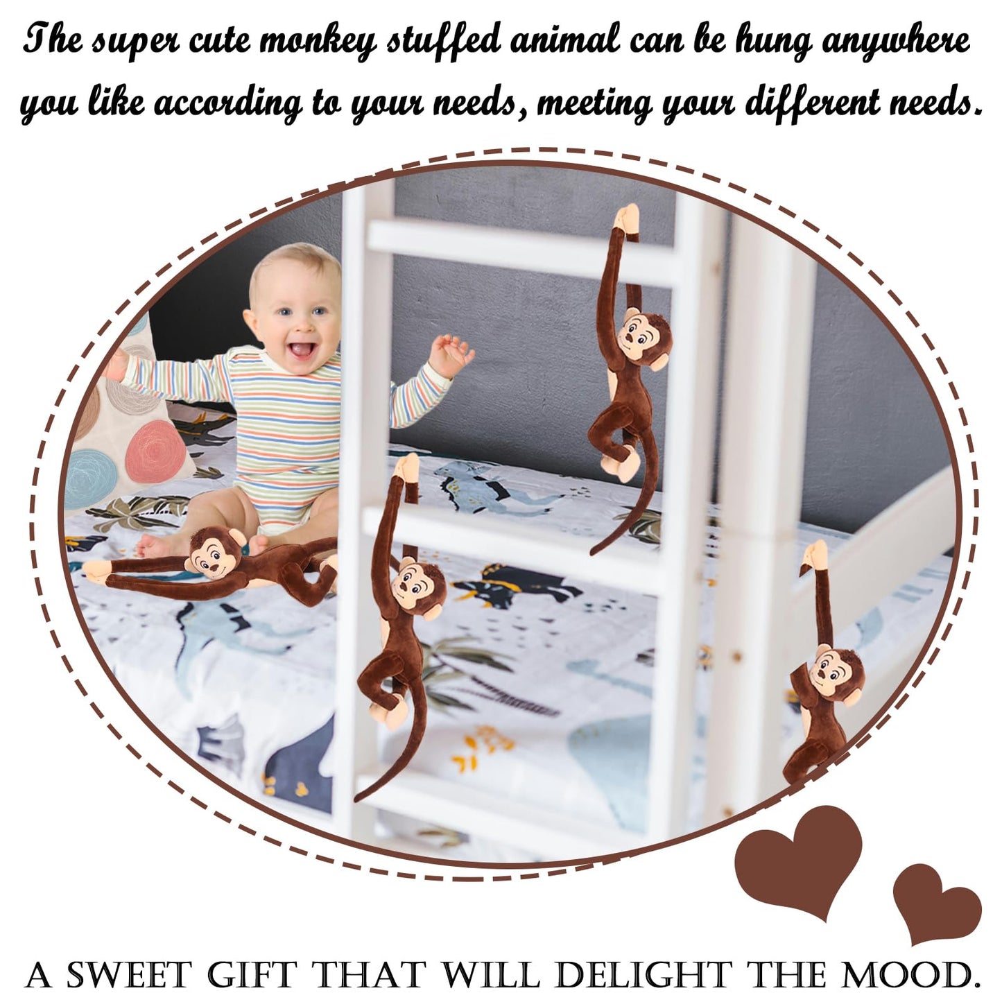 zhidiloveyou 4PCS Hanging Monkey Stuffed Animals Plush Cute Brown Monkey Toy for Kids, 27.6"