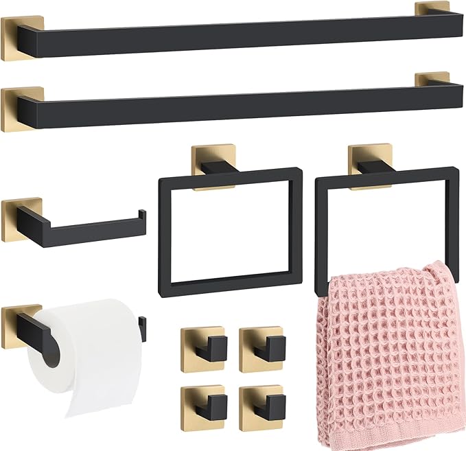 Gisafai 10 Pcs Bathroom Hardware Accessories Set 23.6 Inch Bath Towel Bar Kit Stainless Steel Bathroom Hardware Set Towel Racks Ring Hooks Paper Holder for Wall Mounted (Black Gold)
