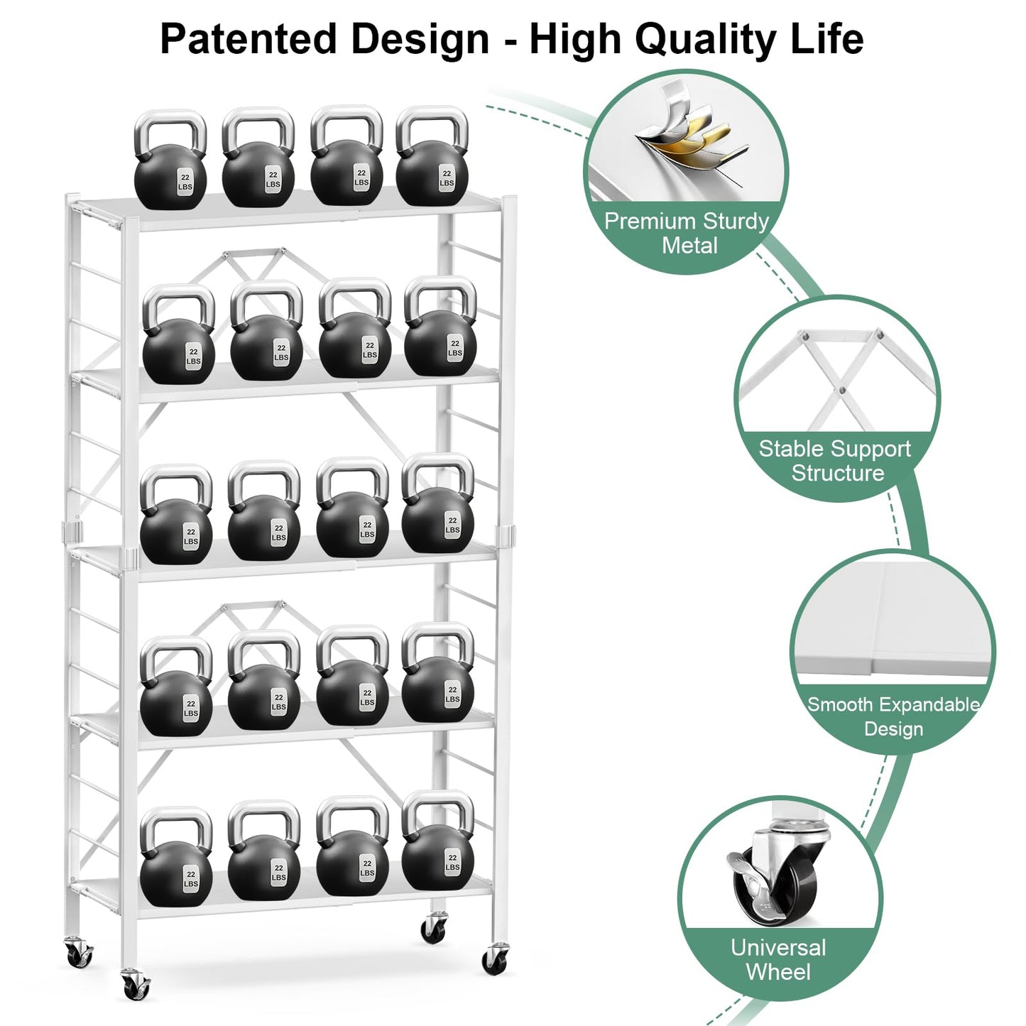 Himix 5 Tier Foldable Storage Shelves, Expandable Folding Pantry Shelf with Wheels, Changeable into 2 Shelf Units, Collapsible Storage Rack Metal Shelves for Kitchen, Room, Garage, White