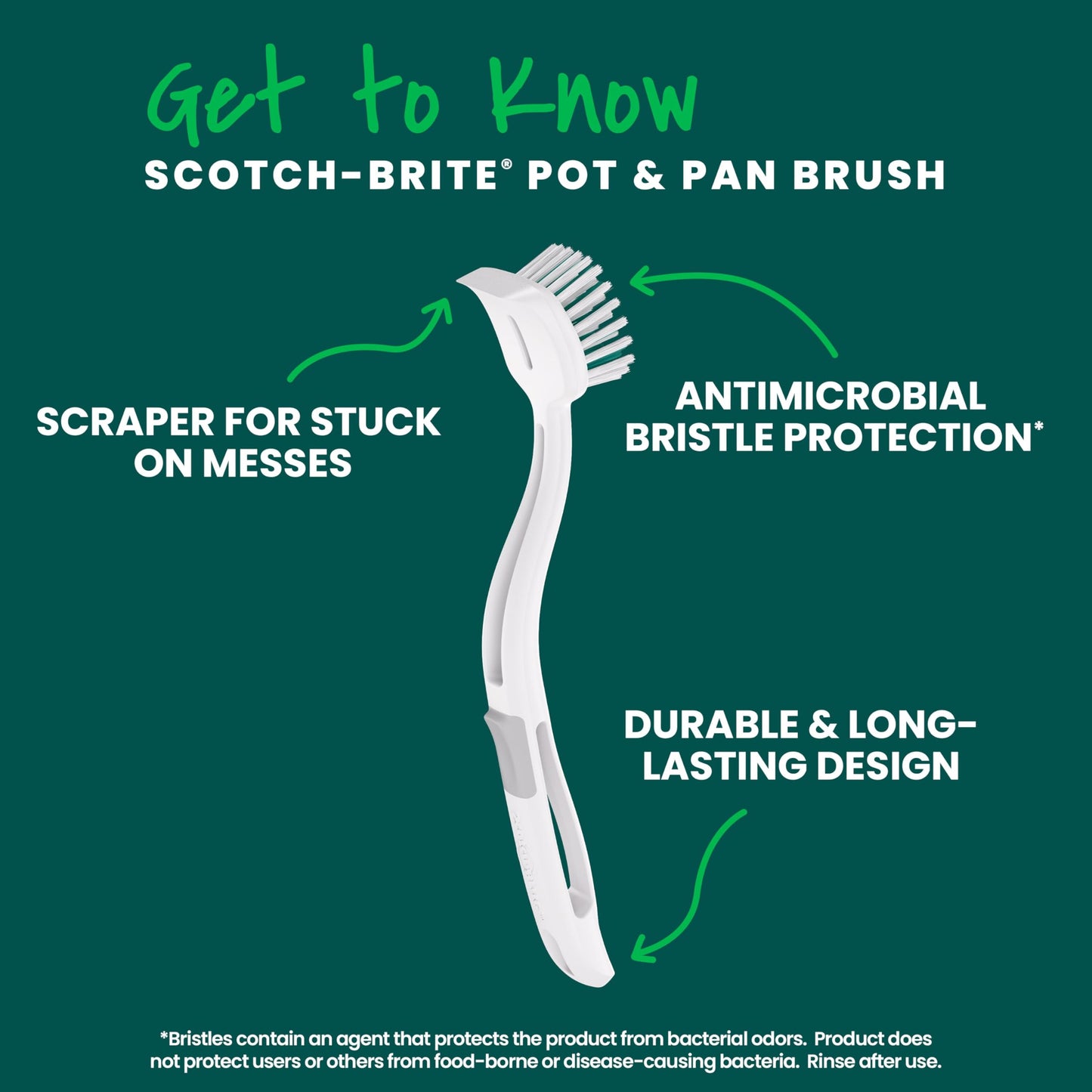 Scotch-Brite Pot + Pan Brush, Durable and Long Lasting Dish Brush with Handle for Scrubbing Stainless Steel, Outdoor Furniture, and Sinks without Scratching, Antimicrobial, and Rinses Clean