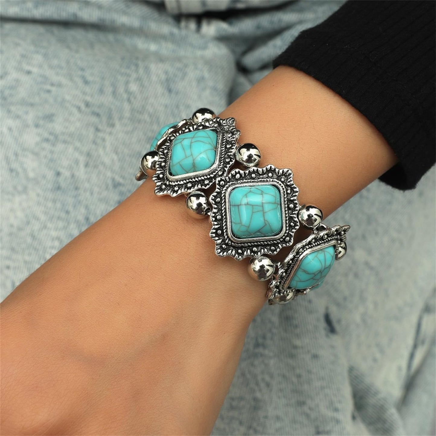 QLYOVWE Turquoise Stone Silver Overlay Link Bracelet for Women Bohemia Gemstone Adjustable Link Bracelets Handmade Link Bracelets Christmas Summer Beach Bracelets Jewelry (Blue)
